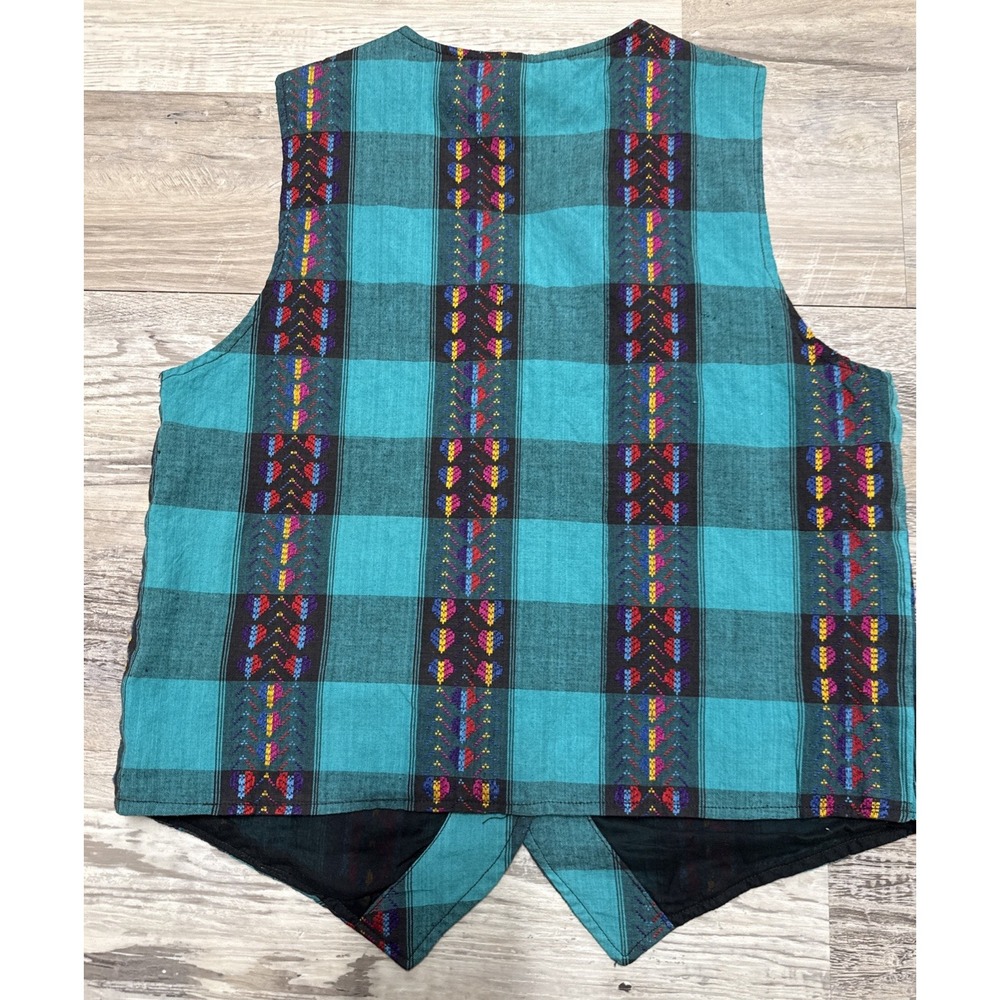 Vintage 1990s Sunbelt Green Plaid Vest Southwestern Aztec‎ Cotton Medium Shirt - Picture 8 of 8
